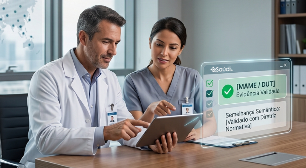 Médico auditor utilizando tablet e dados na transformação digital da auditoria médica